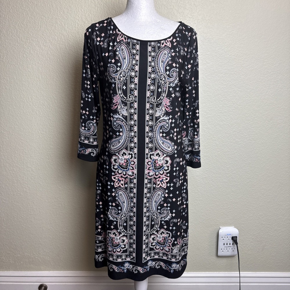 WHBM Womens Small Paisley Dress Matte Jersey Shift Sheath Work Casual Black Pink